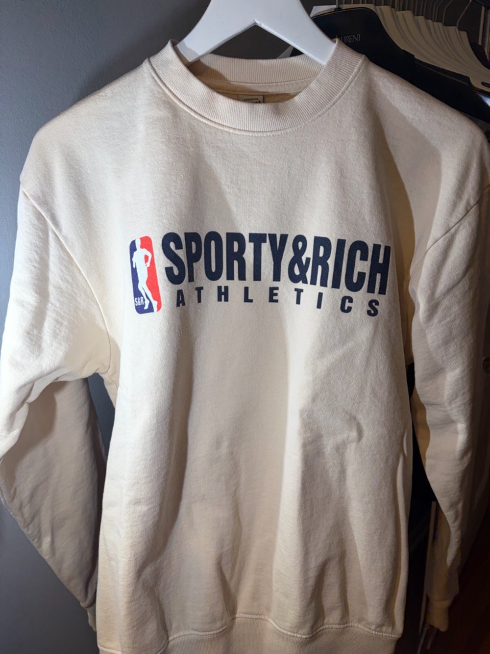 Sporty & Rich Cream Crewneck with Navy Logo - Picture 2 of 7